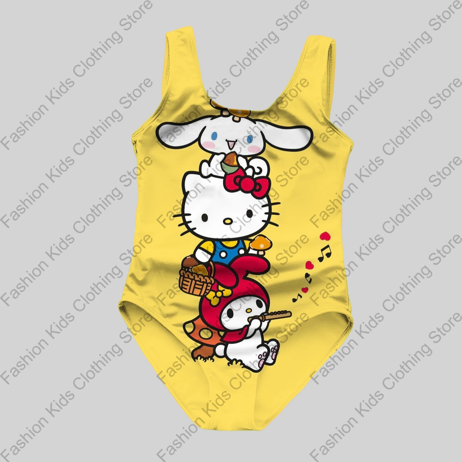 MINISO Girls Summer One-Piece Swimsuit Fashion Cartoon Cute Hello Kitty & Friends Print Women Swimwear Sleeveless Swim Clothing