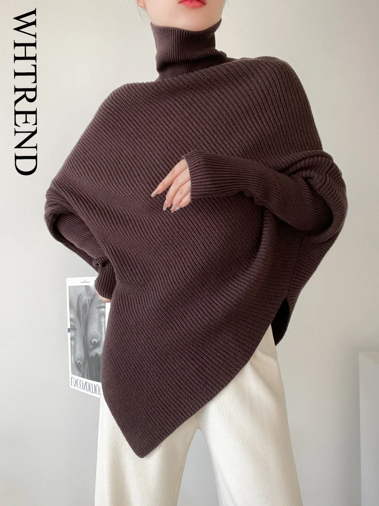 

WHTREND Коричневый вязаный свитер нестандартной формы, осень-зима, дизайн с высоким воротом, нишевый свободный стильный пуловер средней длины для женщин WH1499