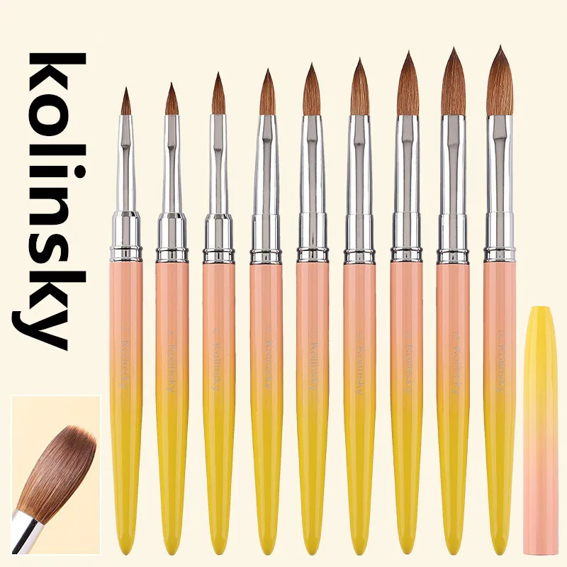 1個入り イエローハンドル コリンスキー毛 ネイルアートブラシ アクリル UVジェル カービングペンブラシ 液体パウダー DIY ネイルペイント 描画ツール