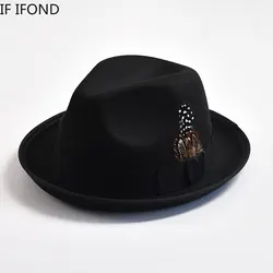 Fashion Men Woolen Blend Fedoras Hat with Feather British Style Trilby Jazz Hats Panama Party Wedding Hat sombreros de mujer