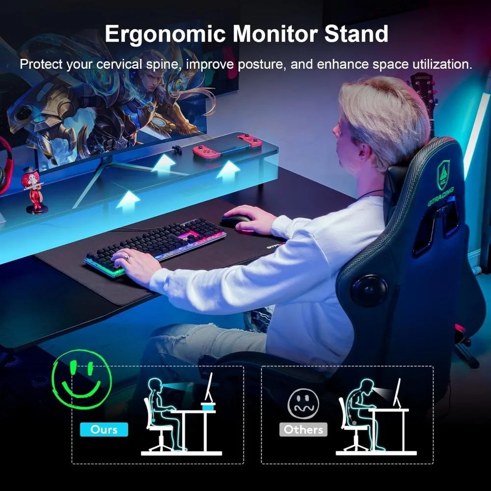 Gaming-Schreibtisch mit LED-Leuchten, Computer-Gamer-Schreibtisch mit Monitorst änder, ergonomischer Gaming-Tisch mit Kohle faser oberfläche