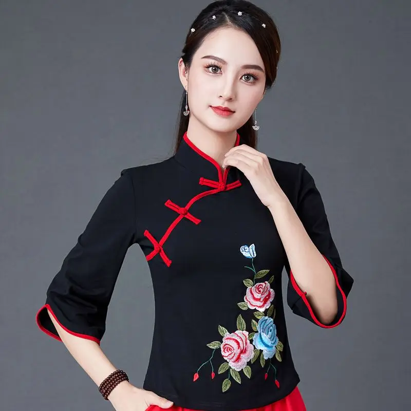 

Cheongsam Women's Plus Size Tops 2023 Summer Cotton Blend Splicing Embroidery Stand Collar Chinese Style Red Qipao Shirts Woman