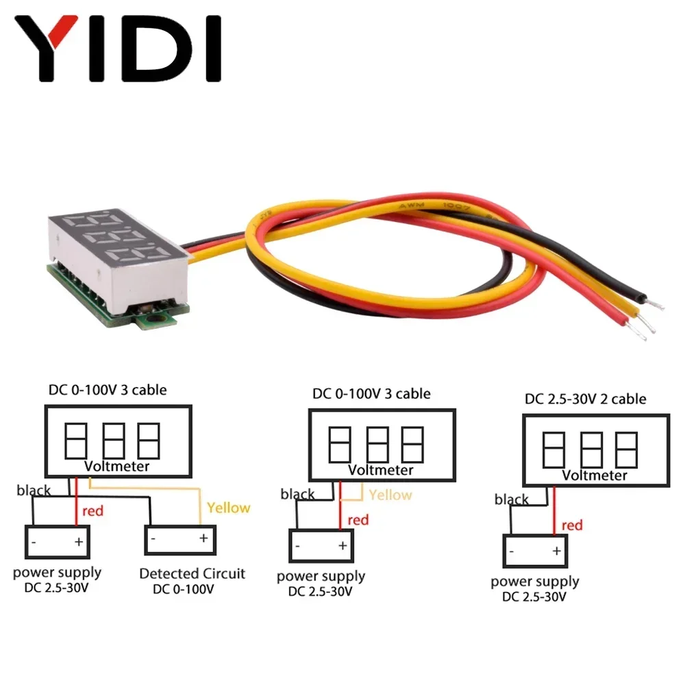 0.28インチLEDデジタルディスプレイ,電圧計,0-100v,2.5-30v,自動車,オートバイ,電圧計,赤,緑,青