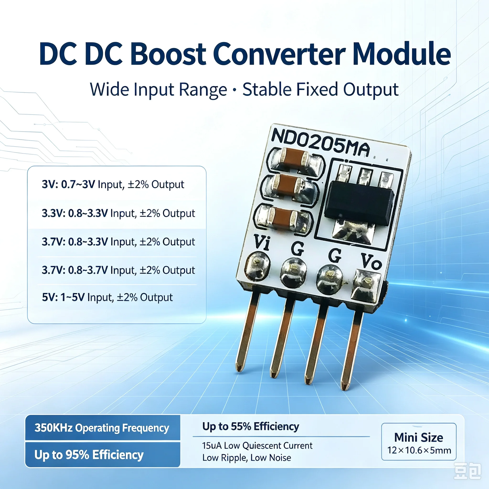 Mini PFM Synchronous Boost Converter 1.2-4.2V to 3-5V Low Quiescent Current Module High Efficiency