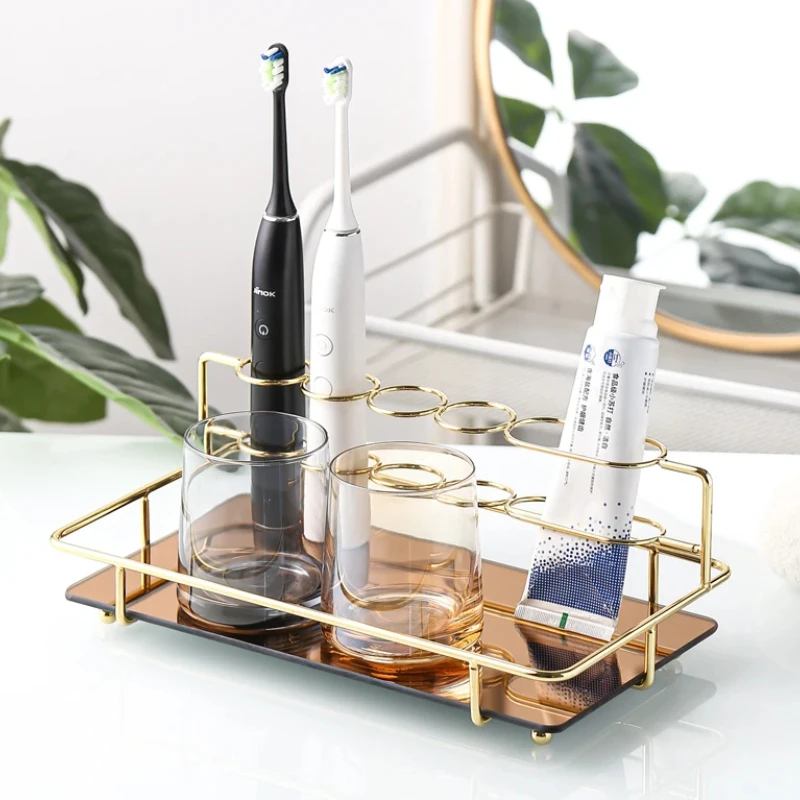 Iron Glass Storage Rack Toothbrush Holder Desktop Organizer Shelf for Decorative Display and Home Use