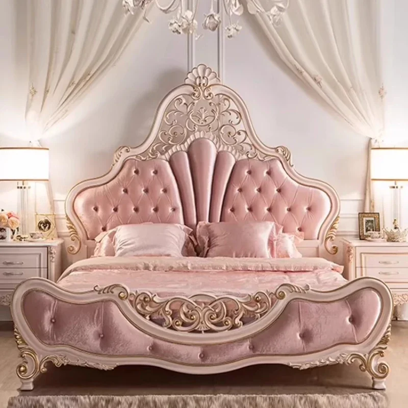 

Luxury French Princess 150 X 200 Bed Carved Double Bed Girls Frame Headboard King Velvet Wood Modern Bedroom Furniture