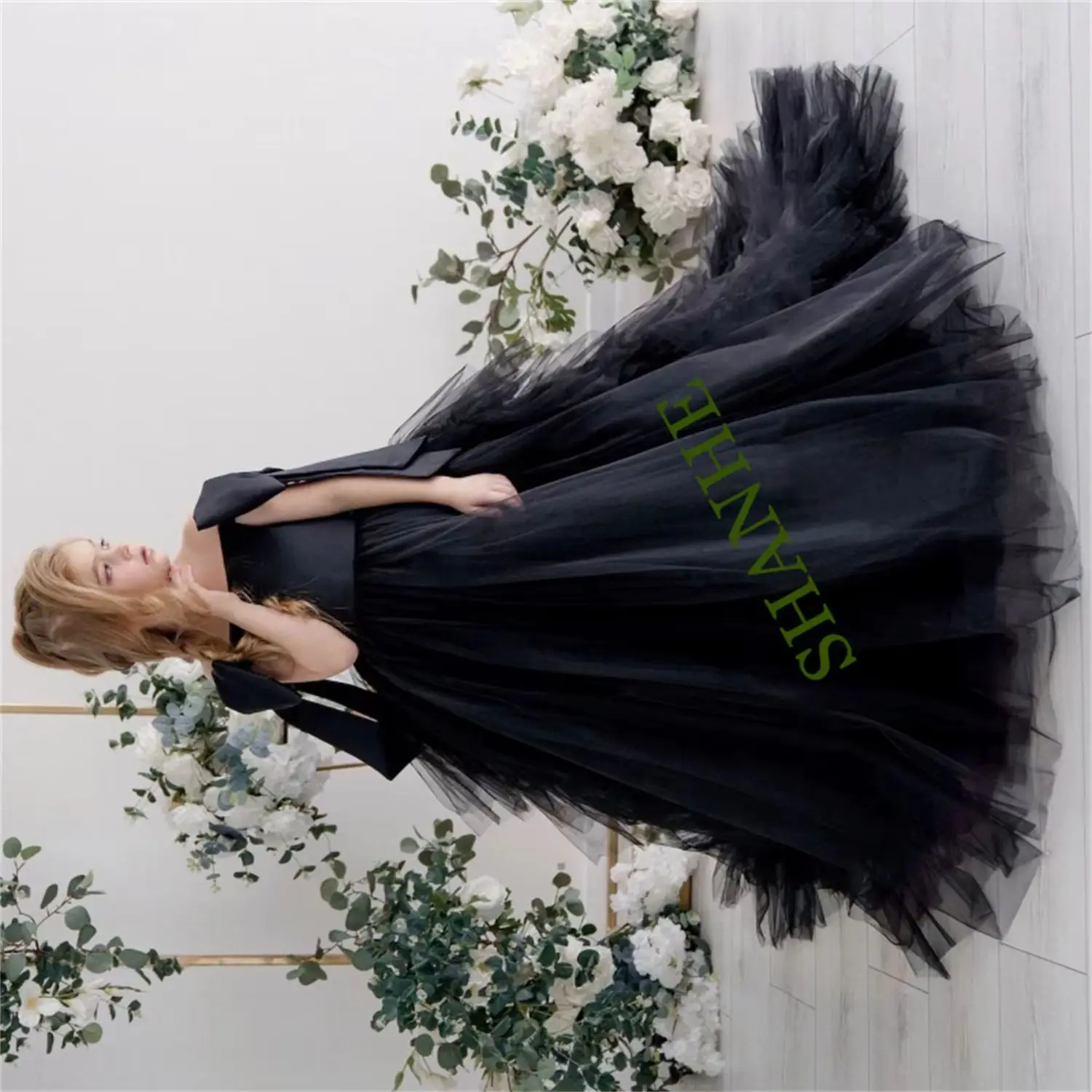 

CustomizedBlack Tulle Flower Girl Dress For Wedding With Bow Short Sleeve Floor Length Kids Birthday Party Princess Ball Gowns