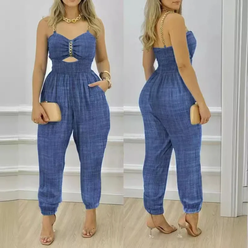 Spring Summer Women's Denim Jumpsuit Chain Suspender Elegant Casual Trend Pouches Backless Mid-length Chest Wrap Romper