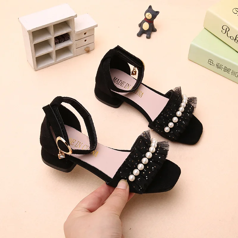 Girls Sandals Summer Shoes Cute Pearls Roman Shoes Pink Black Beading Open-toe Kids Fashion Girls Party Sandals Kids Shoes Chic