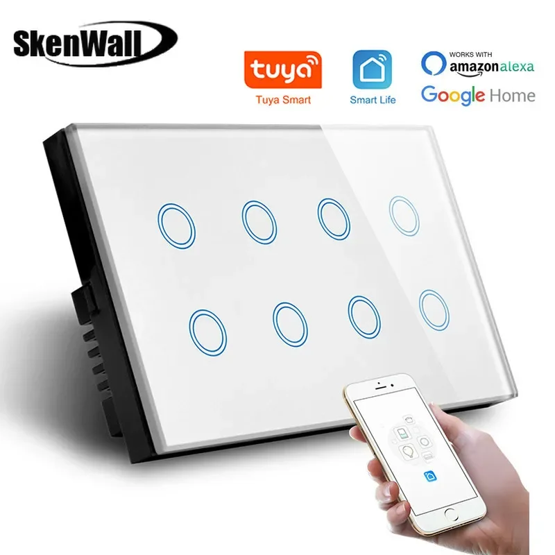 

EU WiFi 8 Gang Touch Light Smart Wall Switch, Tuya Smart Life APP Control,Glass Panel 147*86mm Compatible with Alexa Google Home