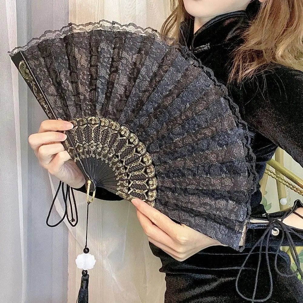 Vintage Lace Design Lace Hand Fan Floral Pattern Foldable Lace Fan Tassel Folding Fan Party