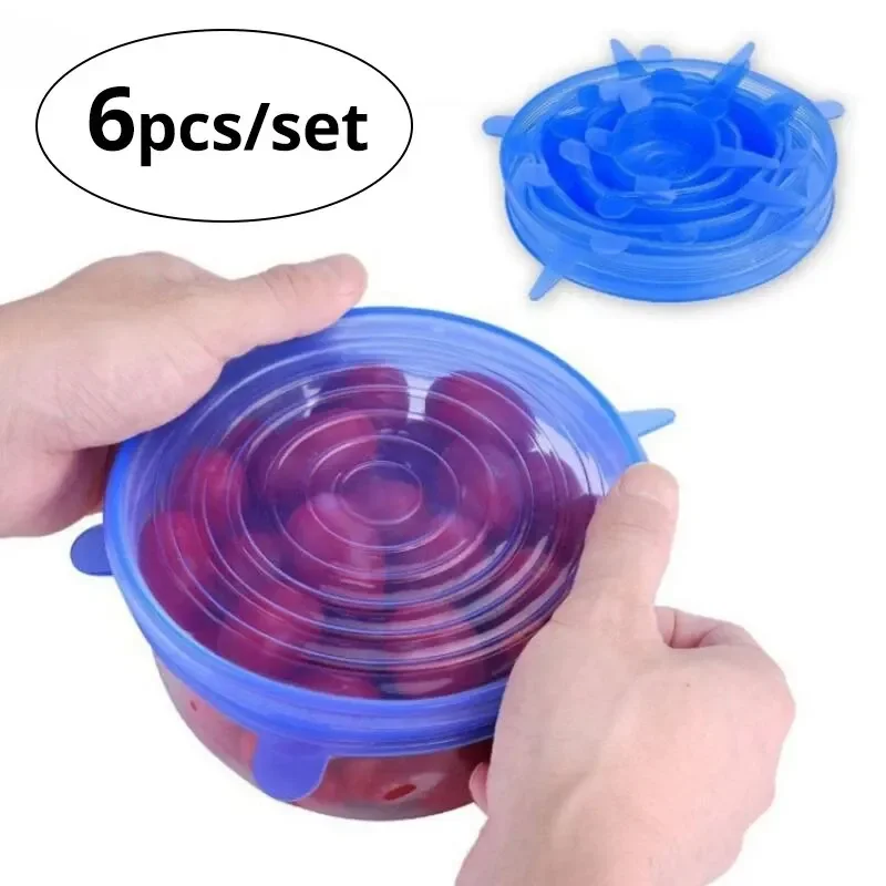 6Pcs/Set Transparent Silicone Kitchen Utensils Fresh-keeping Stretch Universal Bowl Crisper  Cover Refrigerator Microwave Oven S