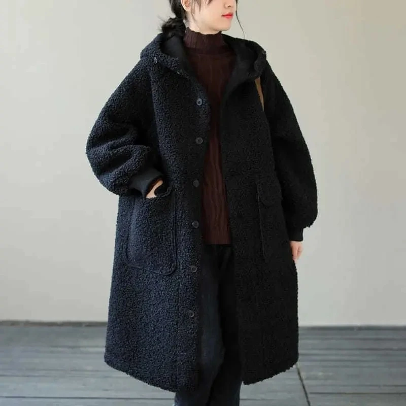 Autunno Inverno Nuovo Cappotto in Lana di Agnello da Donna Imitazione con Cappuccio Allentato Tenere al Caldo Medio Lungo Addensare Tenere al Caldo