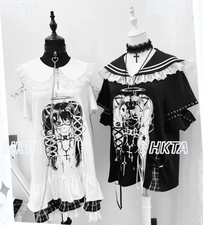 

Subculture Style Y2k Two Dimensional Print Navy Collar Strap Tops T Shirts Women Sweet and Cool Personality Lace Black Tshirts