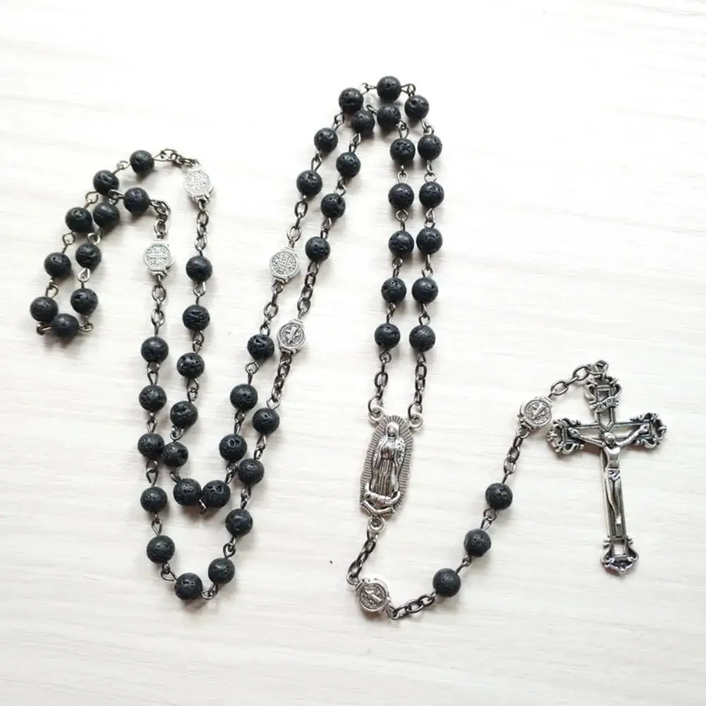 Volcanic Stone Cross Chain Long Vintage Black Gallstone Rosary Necklace Blessing Catholic Crucifix Pendant Chain Women