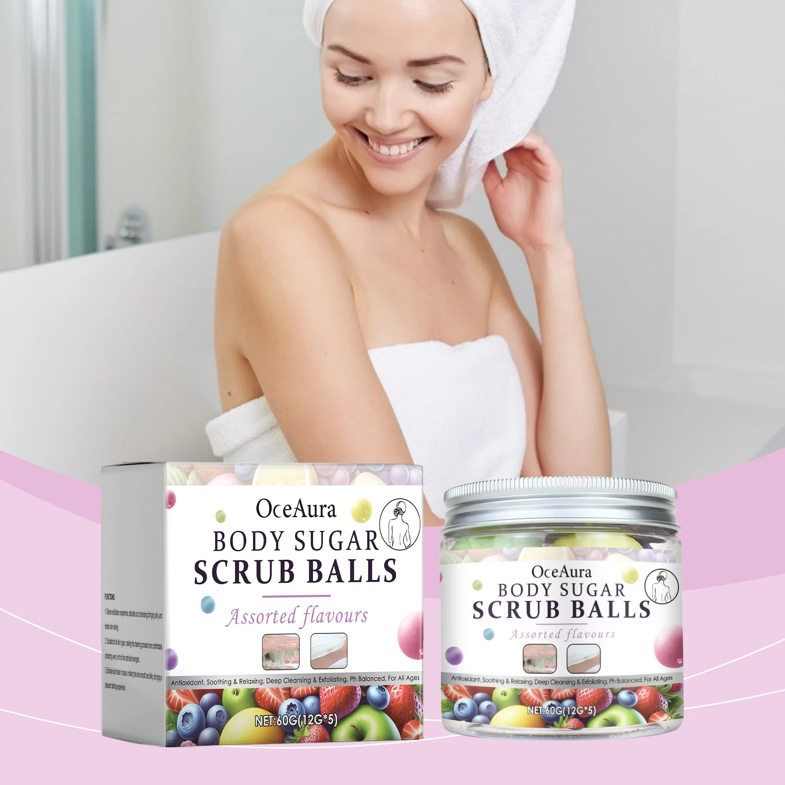 Natural Sugar Scrub Bath Bombs 5-Pack, Exfoliating & Moisturizing Body Scrub with Assorted Scents for Spa-Like Skin Renewal, 60g