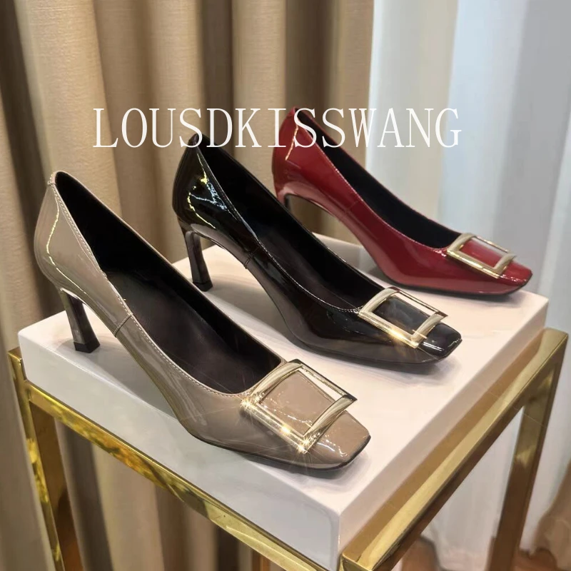 Women's Single Shoes Spring and Autumn 2024 New High Heel Fashion Metal Square Buckle Mid Heel Square Head Shallow Mouth Shoes