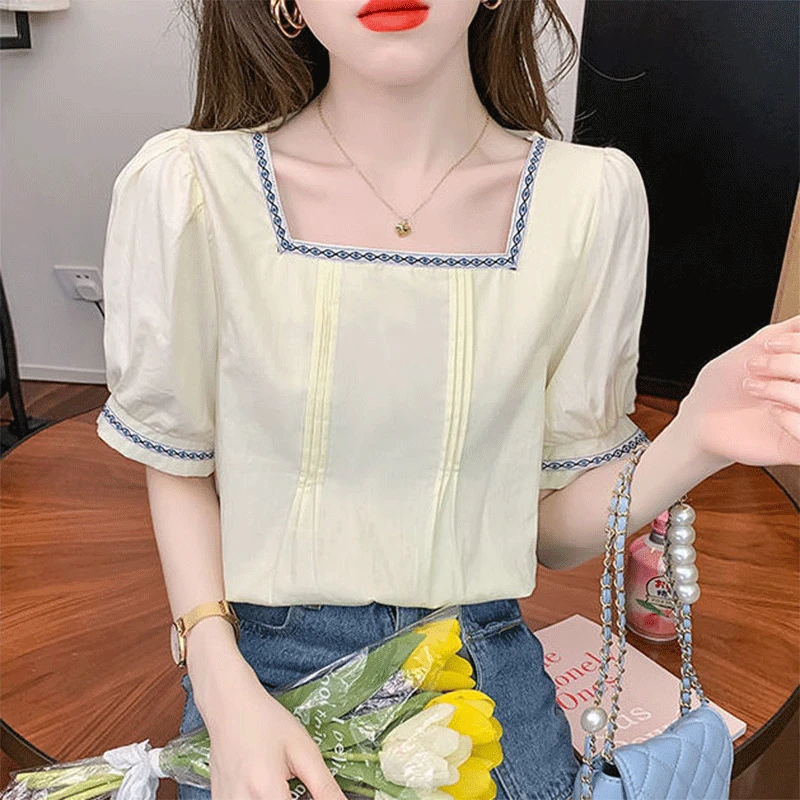 2024 New Summer French Women's Shirt Loose Casual Sweet Irregular Folds Splicing Solid The Square Collar Short Sleeve Chic Tops