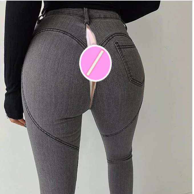 Vintage Jeans Women Invisible Open Crotch Convenient Pants Gray High Waist Trousers Skinny Stretch Peach Hip Pencil Skinny Pants