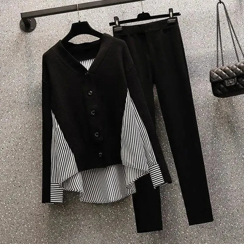 

Черный полосатый лоскутный топ с длинными рукавами, повседневные однотонные брюки-карандаш, комплект из 2 предметов, модная женская новая одежда, повседневная модная тенденция