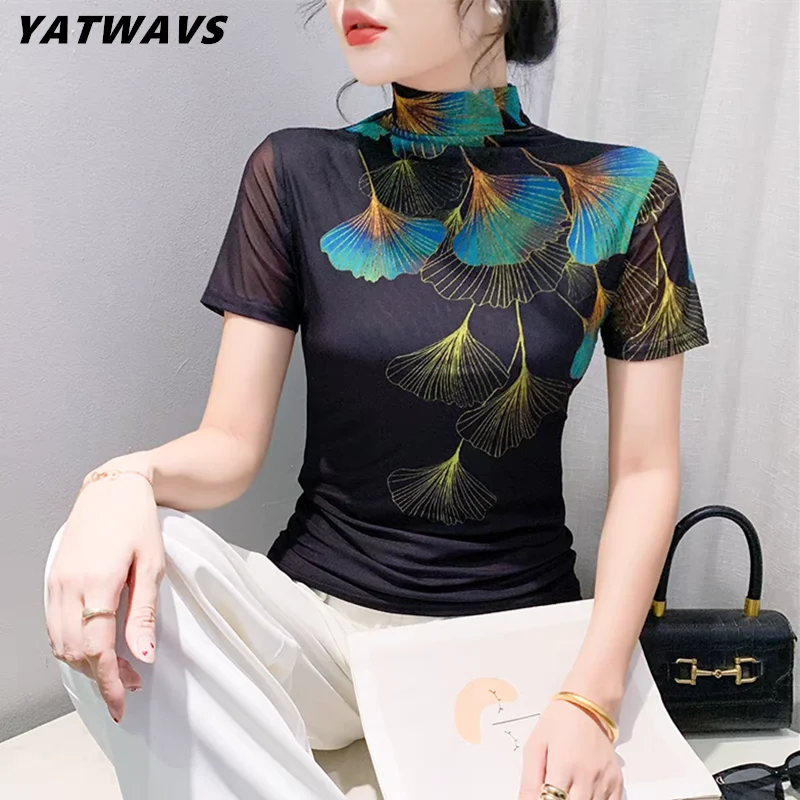 

New Summer European Chic Positioning Print T-Shirt Clothes Woman Turtleneck Slim Mesh Tops Fashion Female Short Sleeve Tees