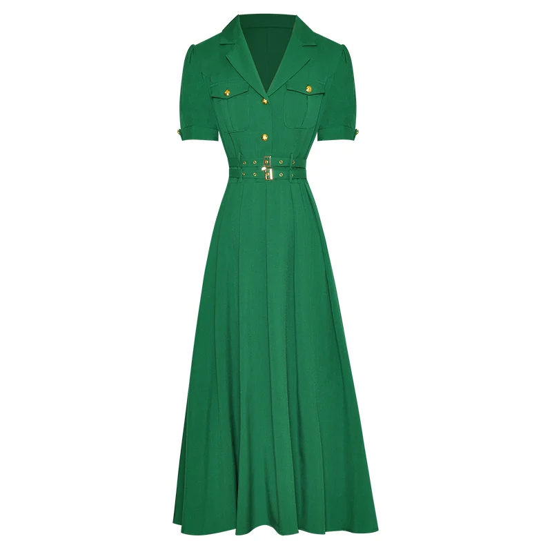 2023 New Designer Vintage Vestidos Women's Holiday Turn-down Collar Multi Pocket Button Sashes Green Long Dress