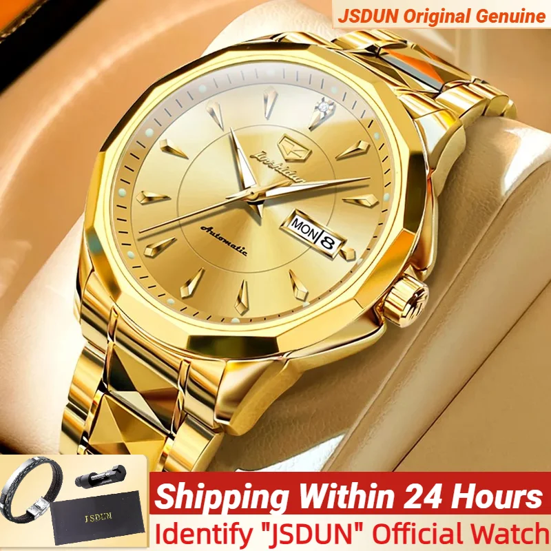 JSDUN Original Mechanical Men's Watches Waterproof Stainless steel Band Gold Wristwatches Date Automatic Watch For Men Genuine