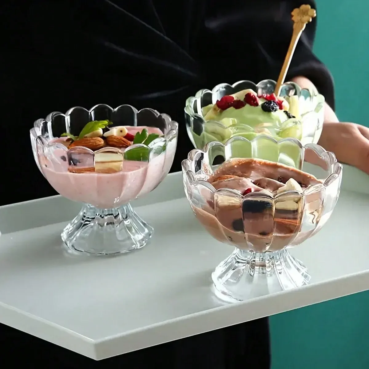 4-piece set, glass dessert cup, ice cream cup with base, salad appetizer bowl, mini fruit jelly bowl, glassware