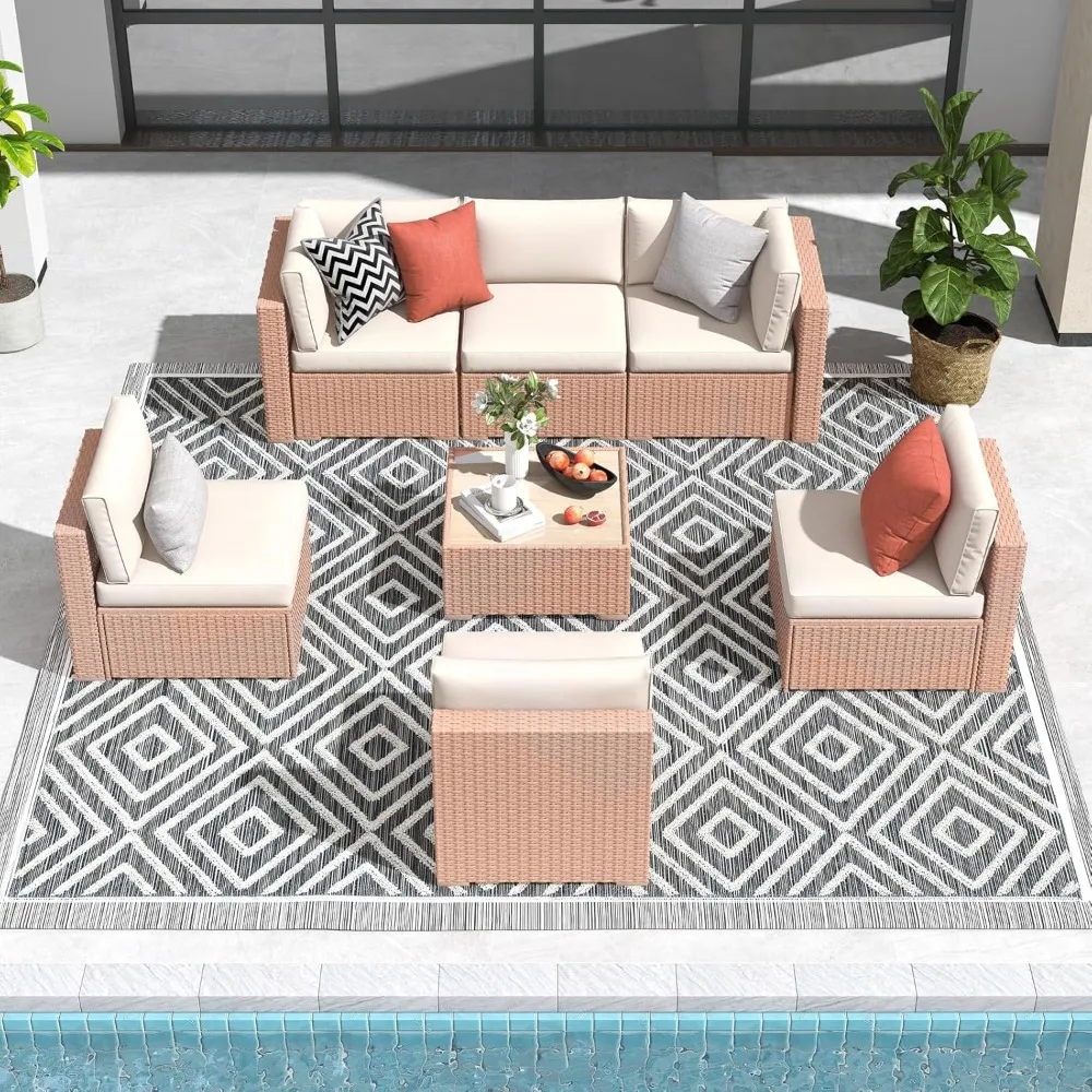 

Набор мебели для патио из 7 предметов, всепогодный натуральный полиэтиленовый плетеный ротанговый секционный набор для бесед, крыльцо с встроенным садом