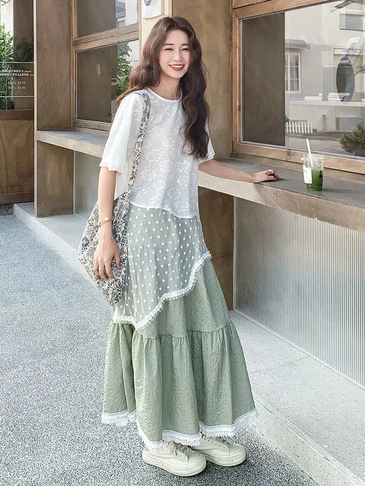 Verão renda assimétrica design feminino conjunto de duas peças vaion sle doce coreano saia linha a ort sve redondo ne topo
