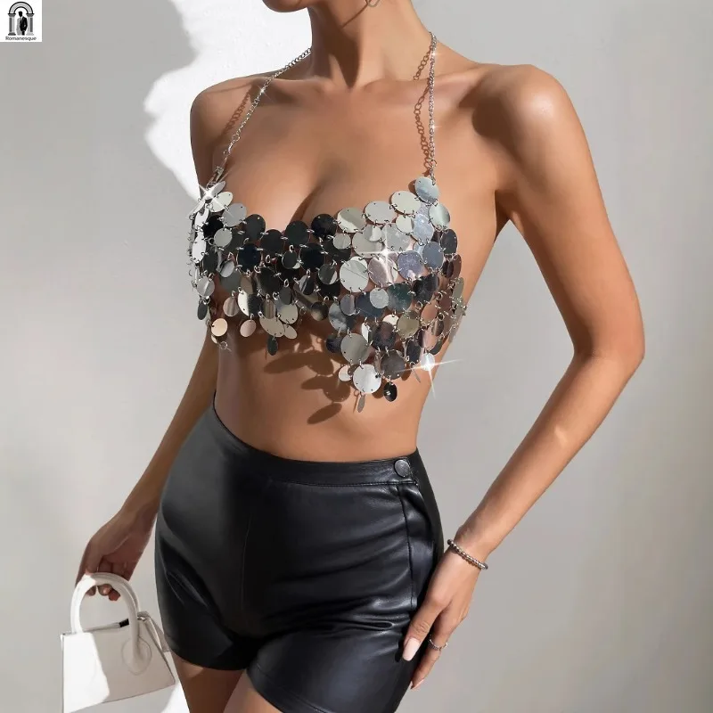 Women's Glitter Disc Chain Halter Top Sexy Backless Crop Top for Clubwear, Cosplay & Edgy Street Style Lady's Shining Vest