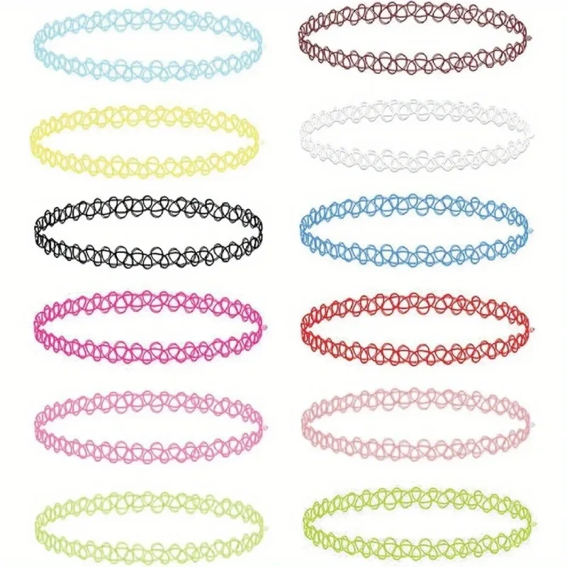 12 Piece Tattoo Choker Set - Pink, Blue, Green, Multicolor, Black - One Size Women Teens Girls - Elastic Multicolor Chokers