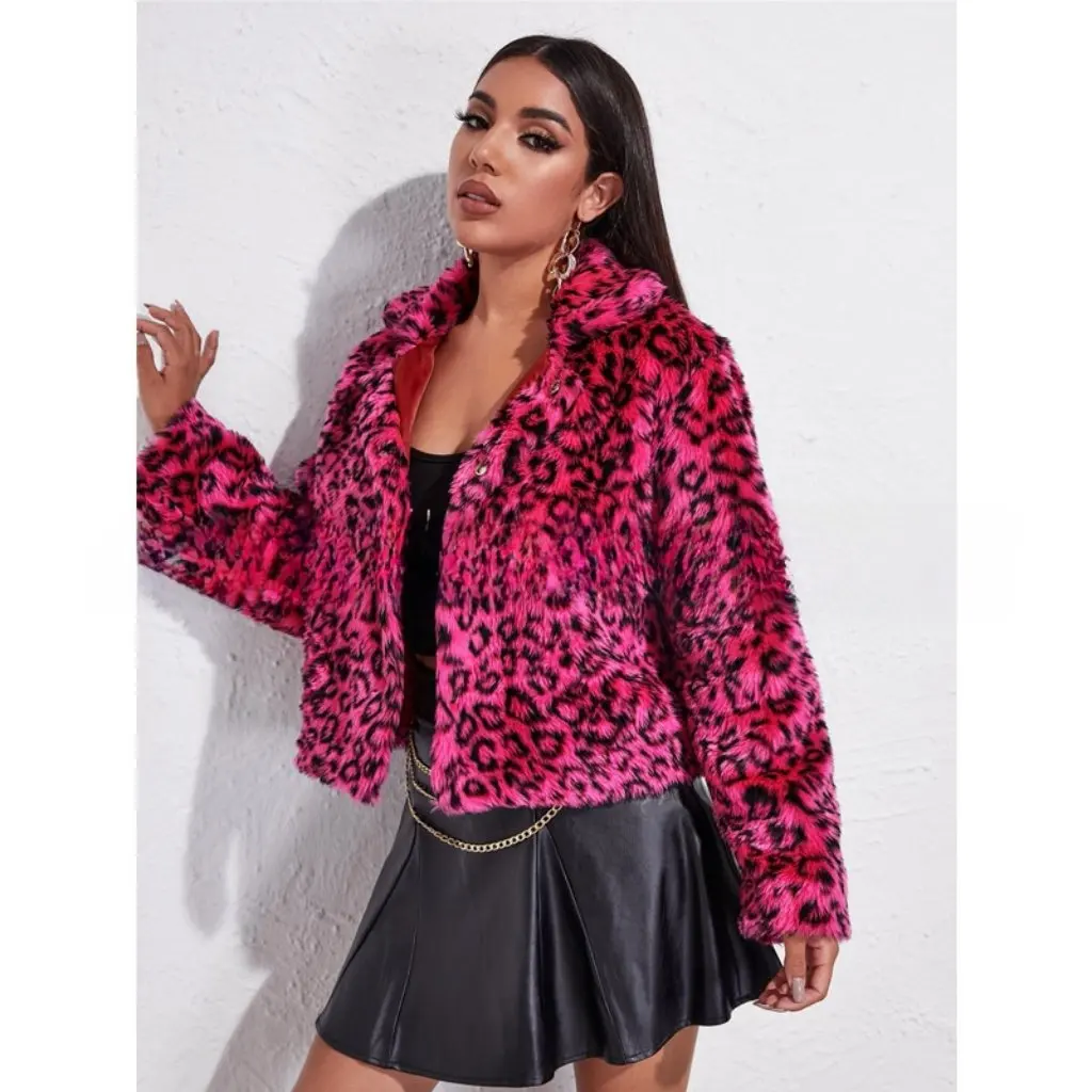 

Women's Short Lapel Imitation Fur Jacket Leopard Print Contrast Best-Selling Supply Rabbit Fur Jacket
