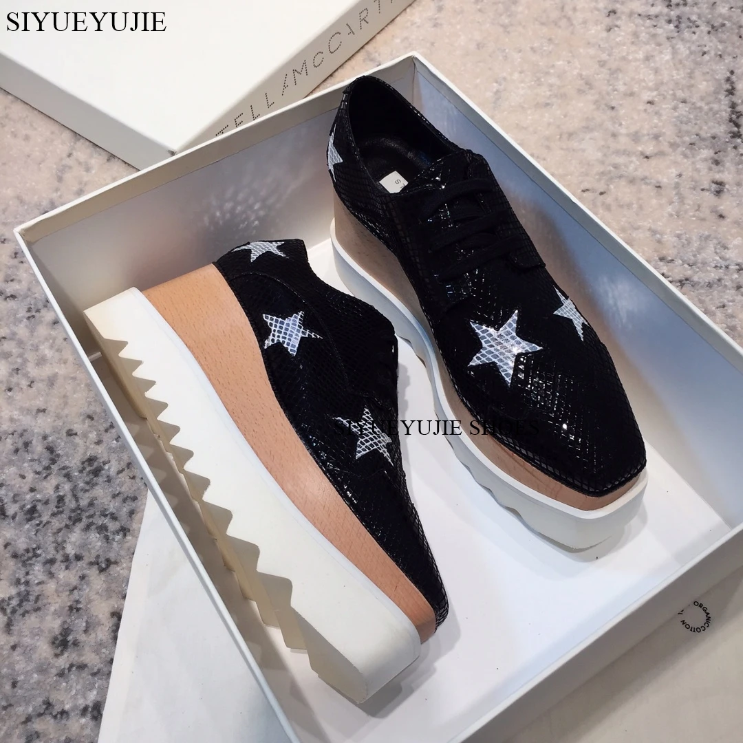 Ｈigh Ｑuality Leather Stars Lace Up Ladies Stella Chunky Shoes Casual Loafers Women Height Increasing Flat Platform Wedge Shoes