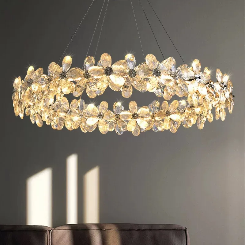 

Nordic Flower Crystal Luxurious Hollow Circular Ring Home Design Led Pendant Lamp for Living Dining Table Room Bedroom Luminaire