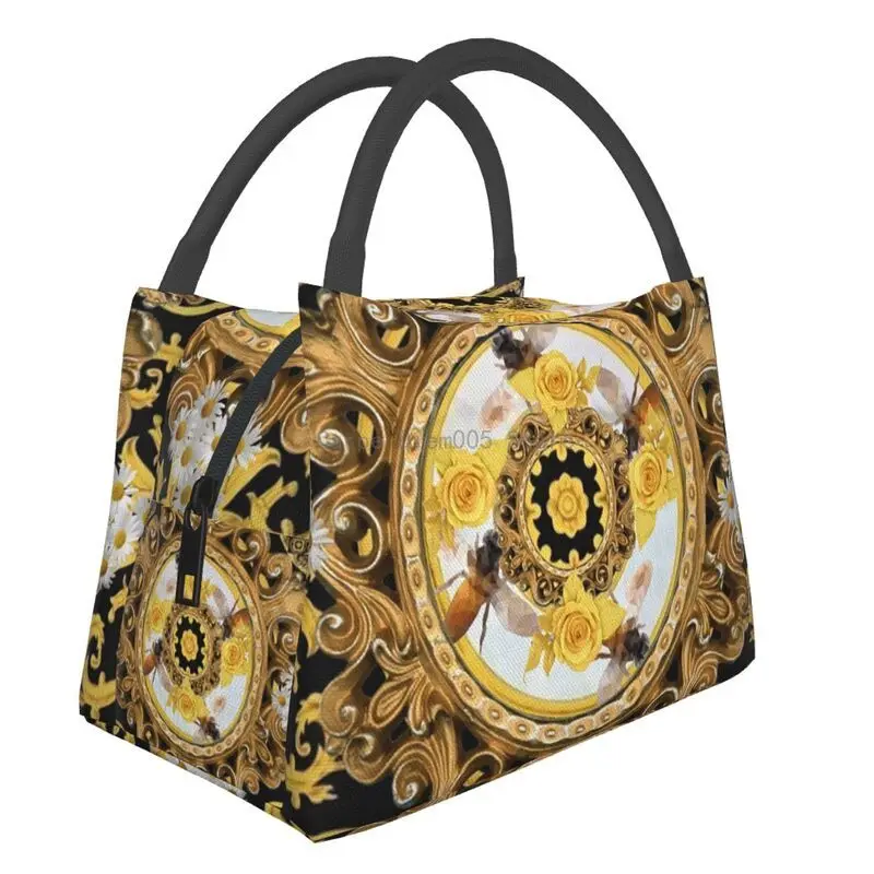 Yellow Rose And Bees Vintage Kitsch Baroque Scarves Thermal Insulated Lunch Bags Women Portable Lunch Container Meal Food Box