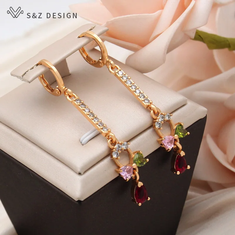 S&Z DESIGN New Fashion Long Colorful Heart Cubic Zirconia Bow Dangle Earrings Jewelry Sets For Women Gold Color Pendant Necklace