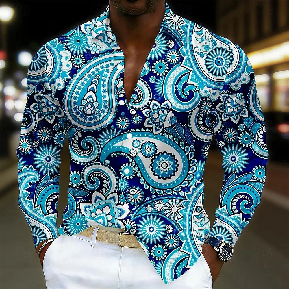 New men's retro ethnic cashew flower long sleeved shirt with purple paisley spiral flower full print men's lapel top