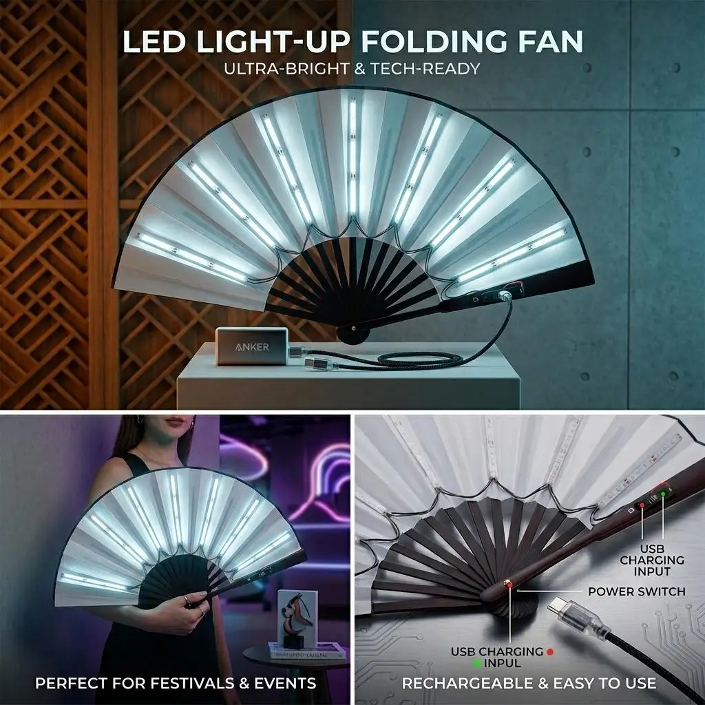 Glowing Led Folding Fan Colorful Light Up Fan Sleek Design Dance Performance Fan Aesthetic Rave Party Props Handheld Large Fan
