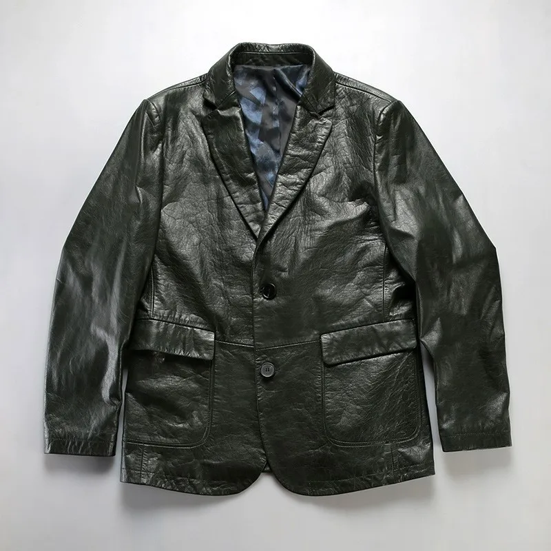 Calfskin men's casual suit with collar and leather