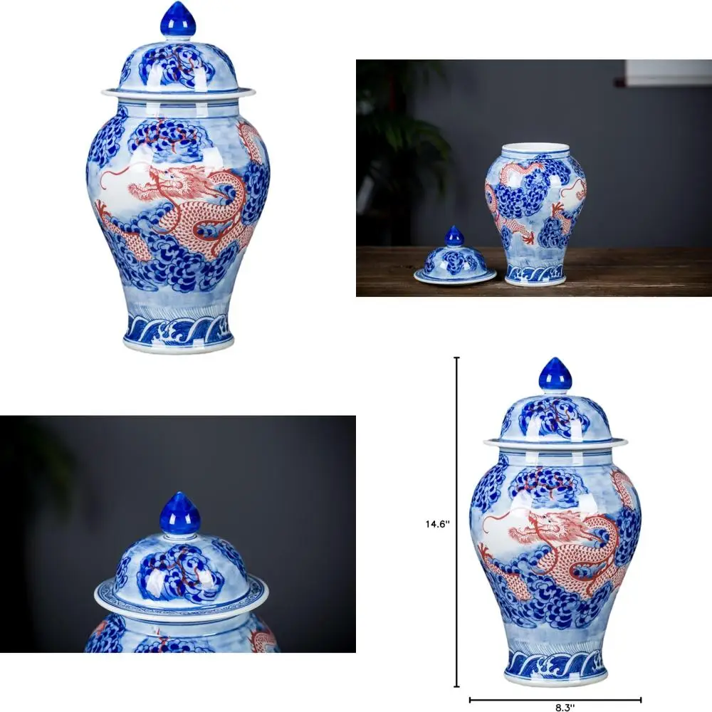 Handcrafted Blue & White Porcelain Ginger Jar with Lid, Decorative Dragon Design