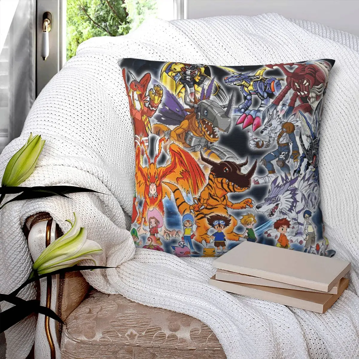 Anime Digimon Cartoon Square Pillowcase Pillow Cover Polyester Cushion Decor Comfort Throw Pillow for Home Bedroom