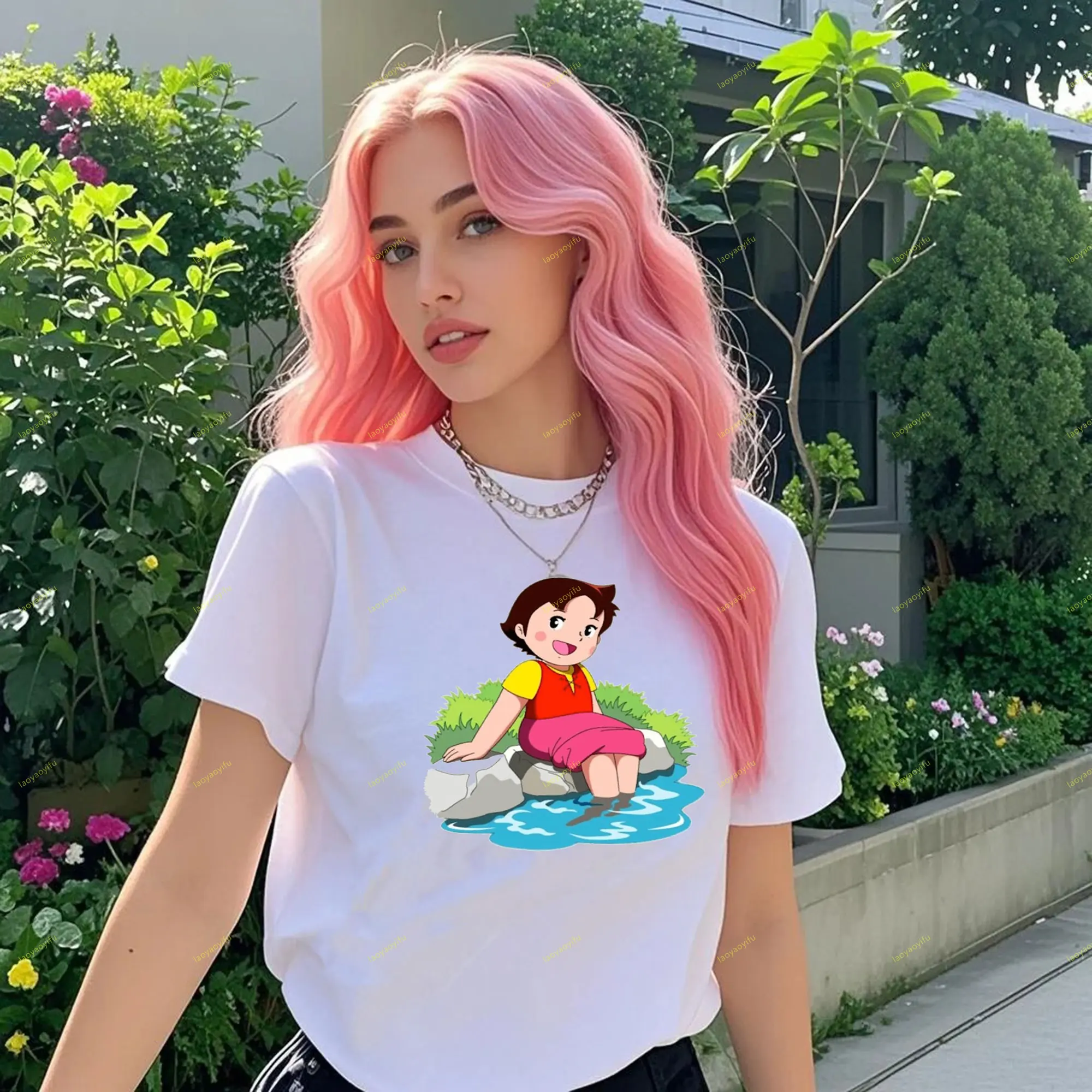 

Heidi The Girl From The Alps Classic Pattern Printed T-shirt Short-sleeve O-neck Classic Pattern High Quality Cotton Tees