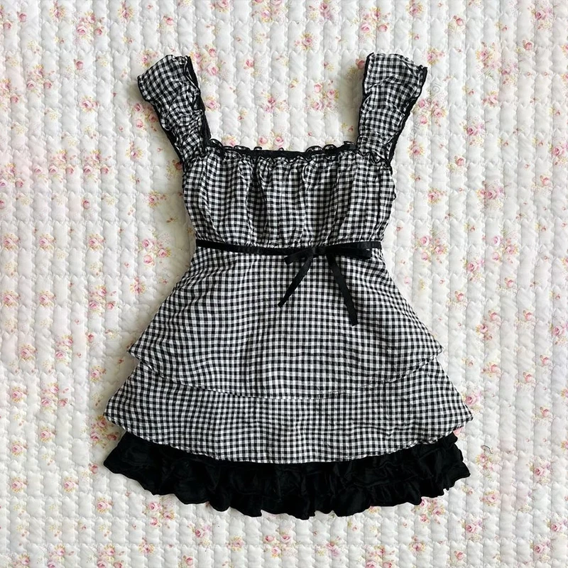 Plaid pattern suspenders emo girl Harajuku 90S tops bow decoration grunge punk rock aesthetic hip hop fashion casual women's top