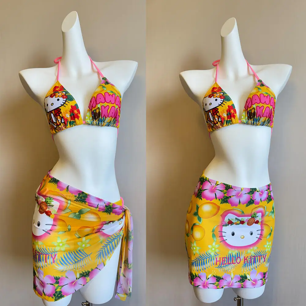 

3 шт. Y2K Hello Kitty бикини купальник костюм Sanrio аниме женщины Kawaii сексуальная горячая девушка сексуальное розовое нижнее белье бюстгальтер трусики пляж море