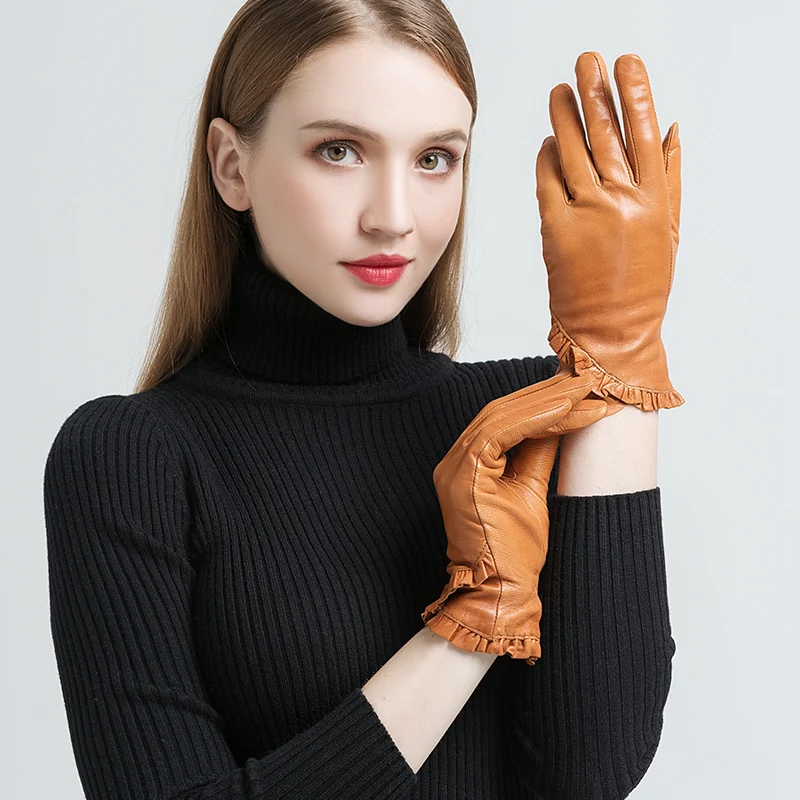 GOURS Winter Real Leather Gloves Women Light Brown Genuine Goatskin Gloves Fashion Fleece Lined Warm Floral Border New GSL054