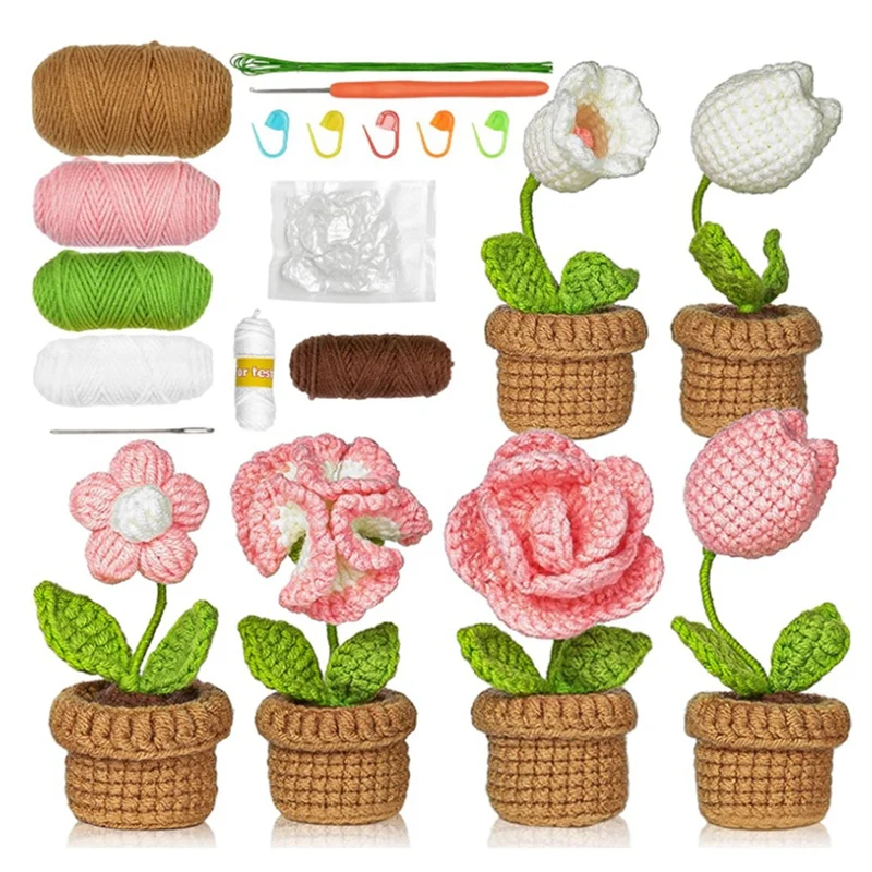 Beginner Crochet Set -6 Pcs Easy Crochet Flower Set Kit For Adult With Step By Step Video Tutorial Potted Plants For Home Decor