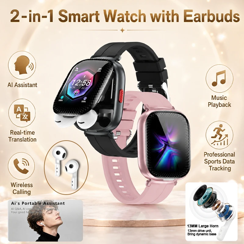 2-IN-1 Smart Watch & Earbuds AI Q&A Translation 13MM Large Horn Music Health Monitor Sports Tracker Wireless Calling Smart Watch