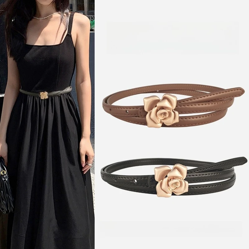Genuine leather women's thin belt women's flower tug leather women's belt with sweater dress women's style