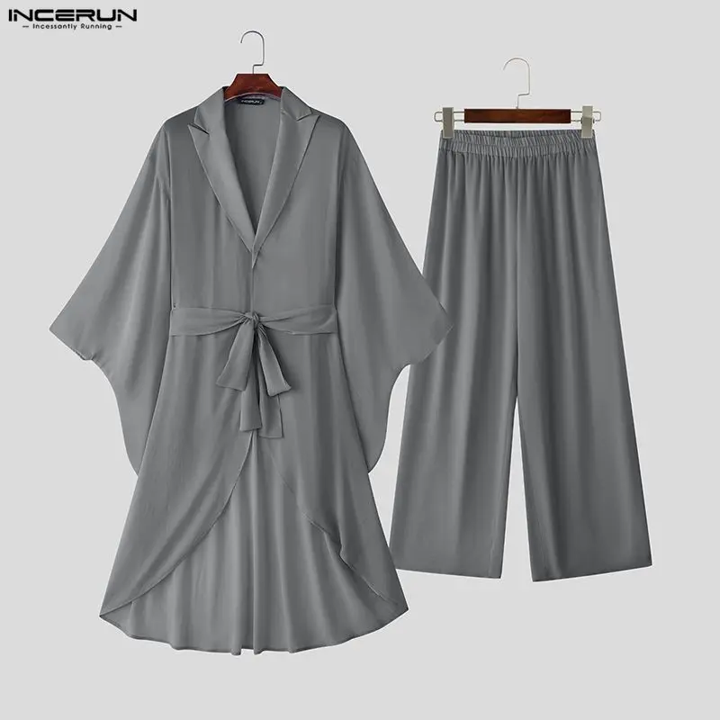 

INCERUN Мужские комплекты Сплошной цвет с лацканами и расклешенными рукавами Длинные стильные рубашки и брюки Комплекты из двух предметов Уличная одежда Модные мужские повседневные костюмы